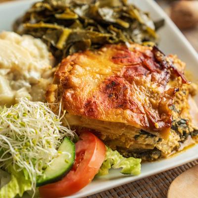 Spinach Lasagna with collard greens and salad.